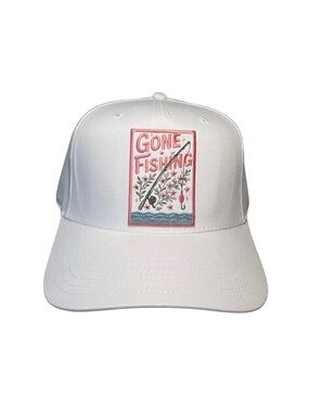 White "Gone Fishing" Embroidered Baseball Cap